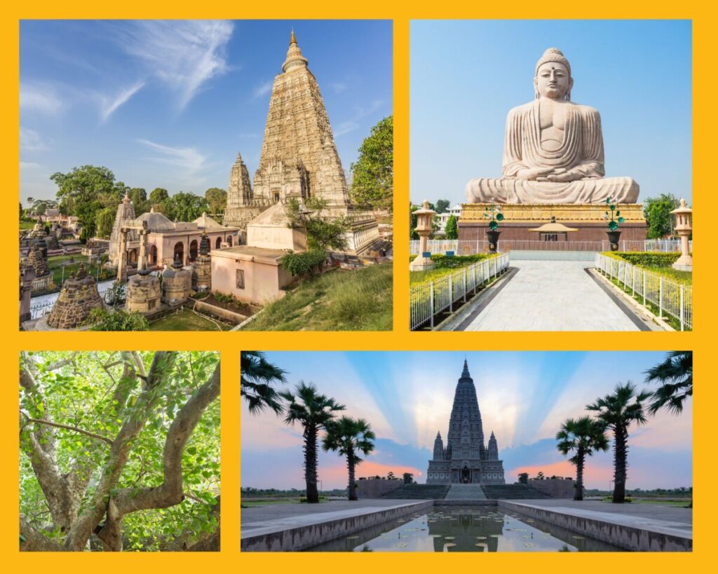 Eindrücke aus Bodhgaya: Mahabodhi-Tempel, Buddha-Statue, Bodhi-Baum und Kanal zum Mahabodhi-Tempel