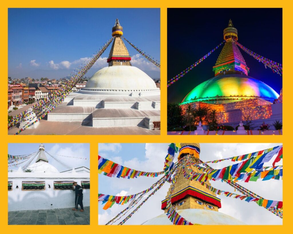 Boudhanath Stupa mit Gebetsfahnen und angeleuchtet bei Nacht