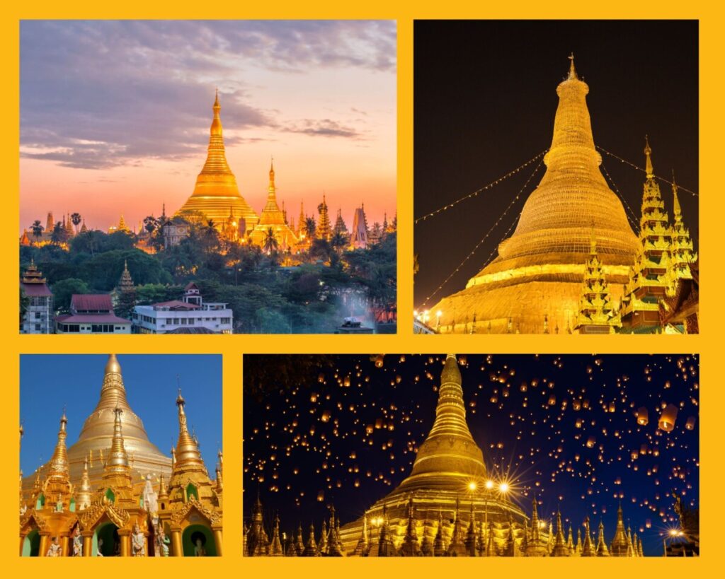 Die Shwedagon Pagoda bei Tag und angestrahlt bei Nacht