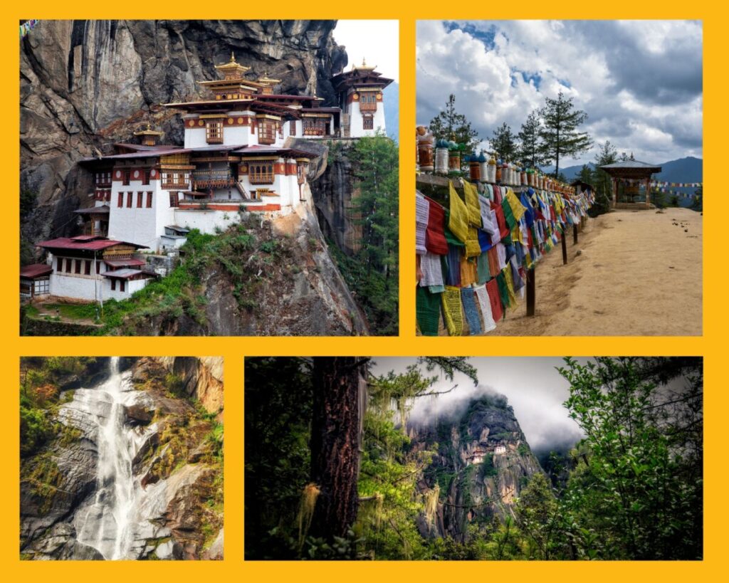Paro Taktsang am Fels, Raststation nach der Hälfte des Weges und Wasserfall beim Kloster