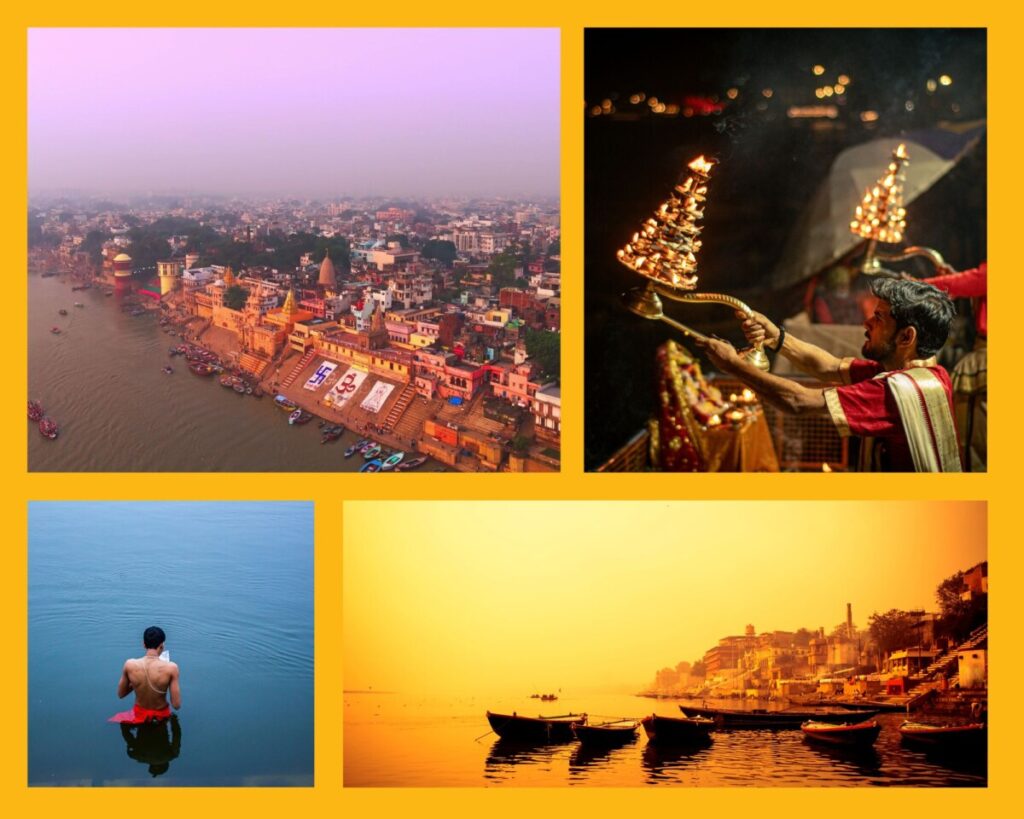 Varanasi mit Ganga Aarti-Zeremonie und Gläubigen badend im Ganges