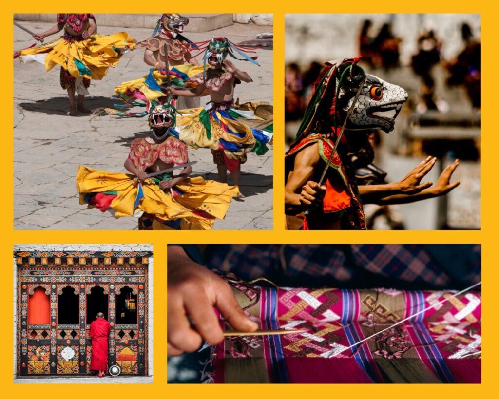 Die Menschen Bhutans: Traditionelle Tänzer, Mönch und Weberin