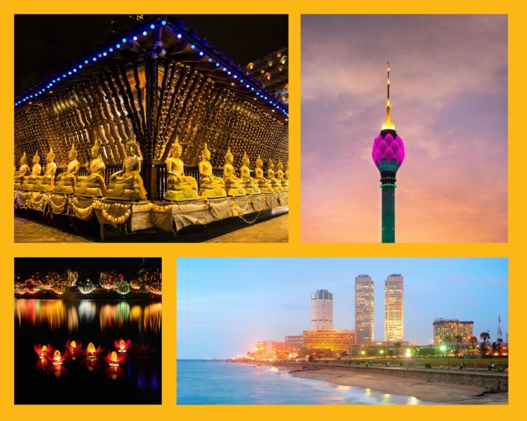 Noch ein paar Eindrücke von Colombo: Gangaramaya Temple, beleuchteter Lotus Tower, am Vesak Day und Downtown in der Abenddämmerung