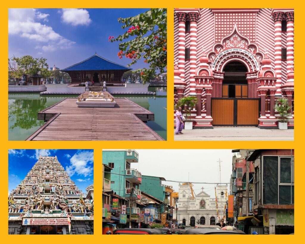 Verschiedene Religionen finden sich in Colombo wieder: Gangaramaya Temple, Jami Ul-Alfar Mosque, Sri Kailawasanathan Tempel und St. Anthony's Shrine