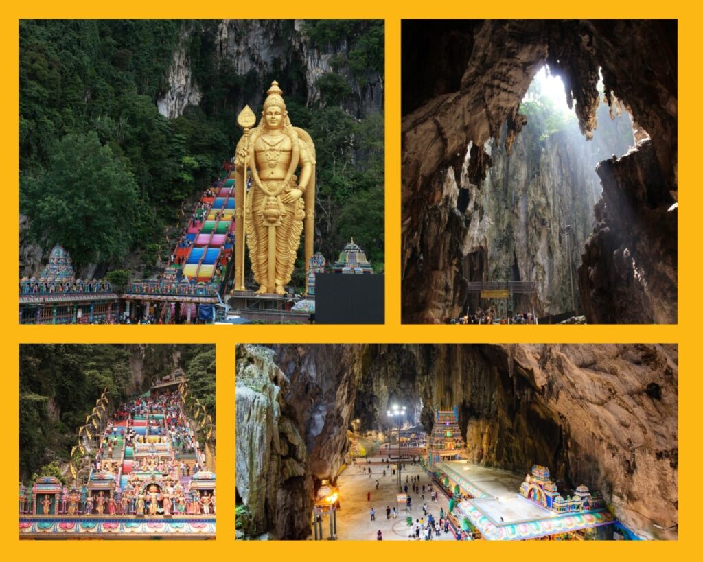 Die Batu Caves mit der bunten Treppe mit 272 Stufen und der goldenen Buddhastatue