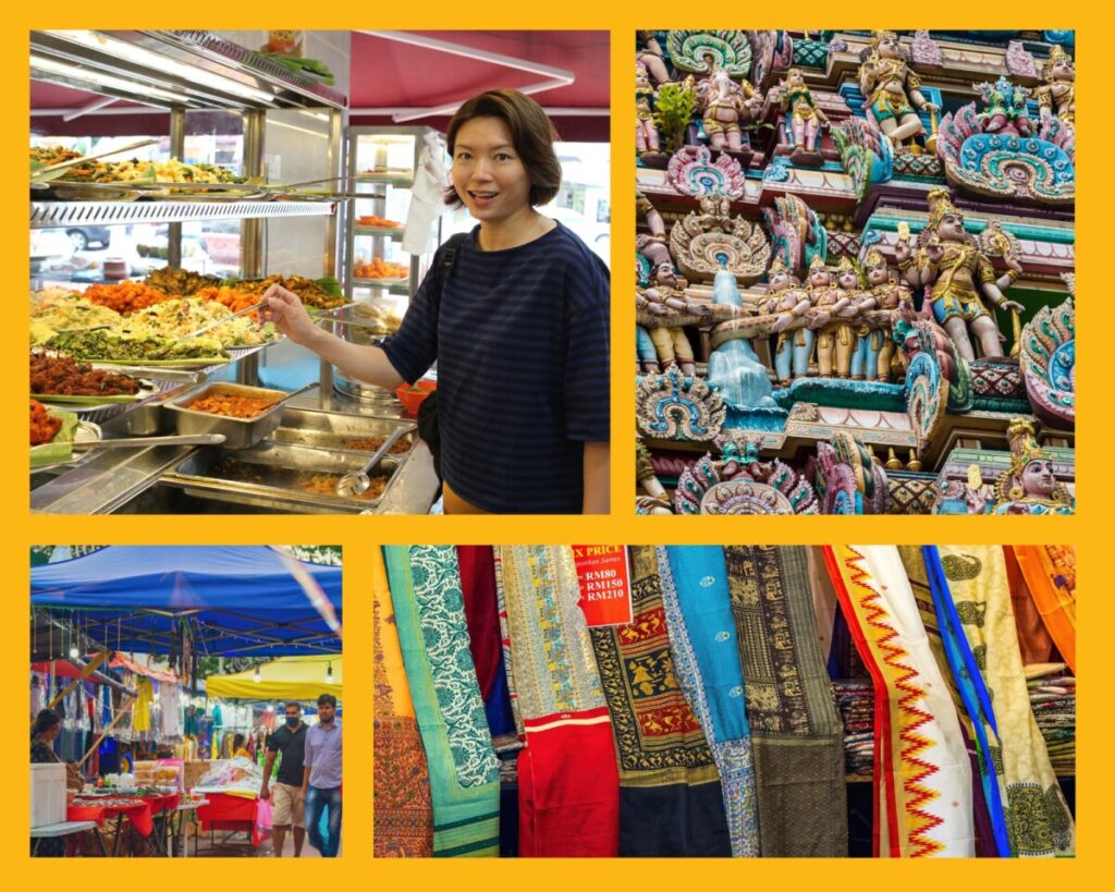 Eindrücke von Brickfields, das Little India Kuala Lumpurs: Restaurant, Tempel, Essensstände und Sari-Verkauf