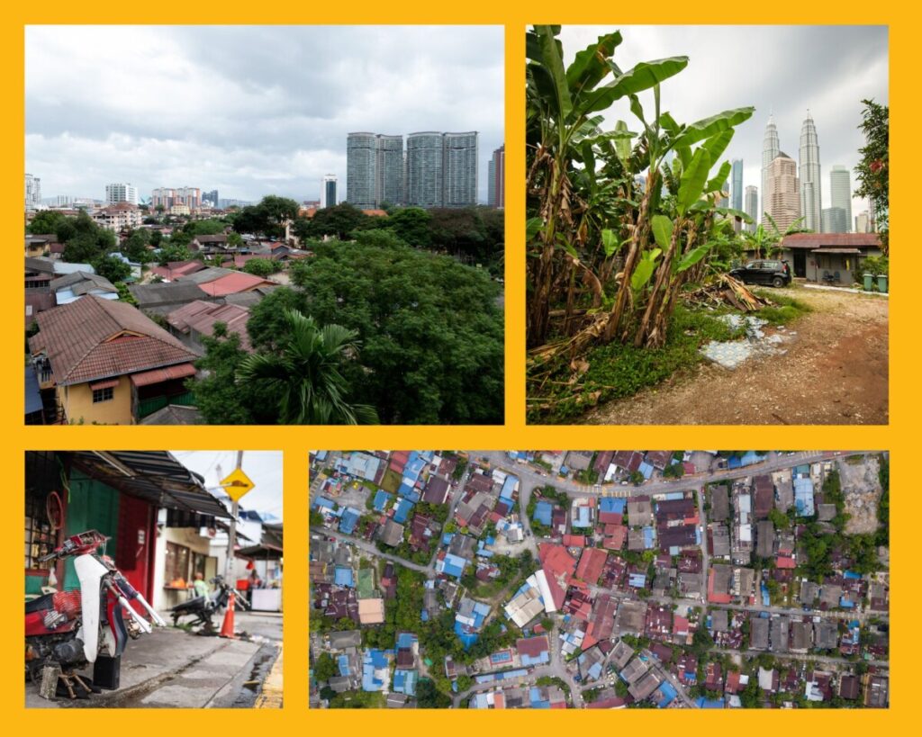 Eindrücke von Kampung Baru. niedrige Häuser in Sichtweite der Skyline mit Bananenpalmen