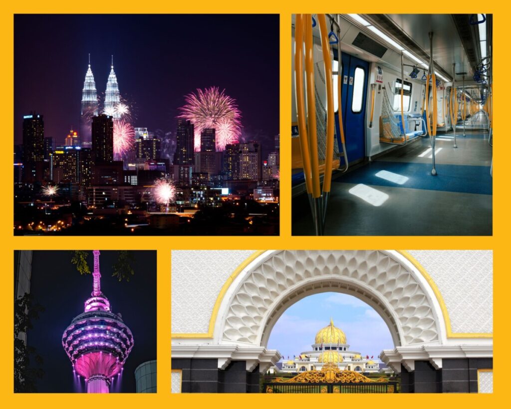 Feuerwerk über Kuala Lumpur, MRT Zug, beleuchteter KL Tower und Royal palace Istana Negara