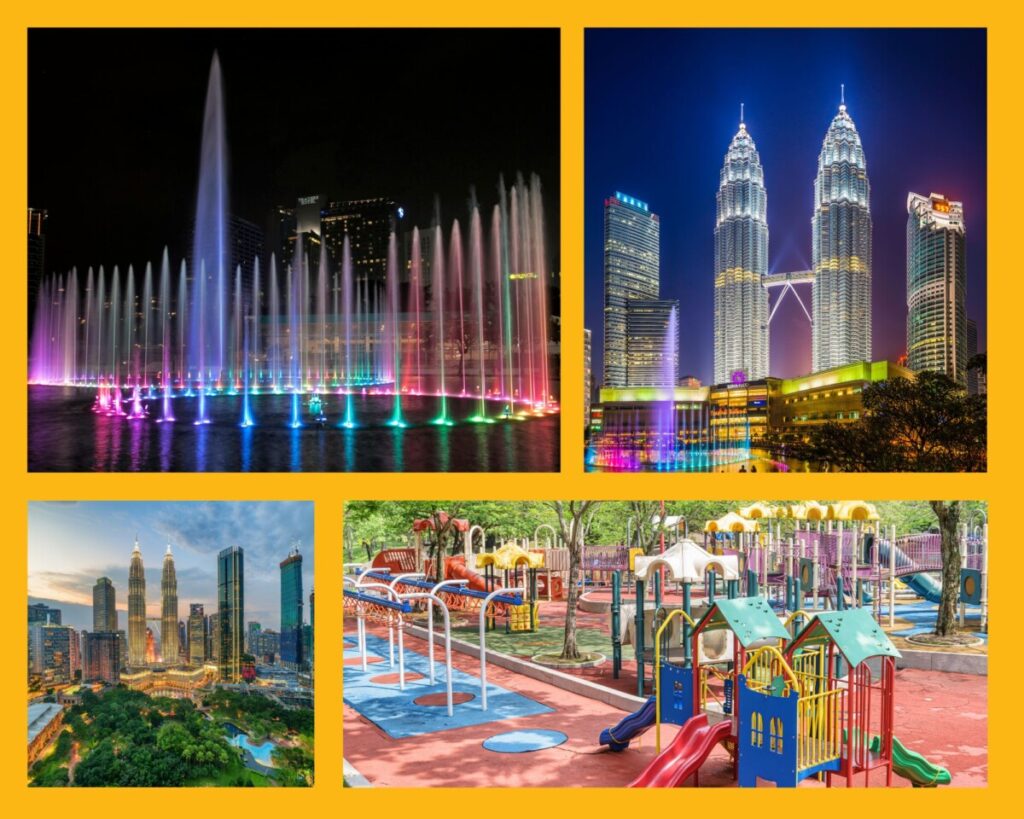 Die beeindruckende KLCC Park Fountain Show, die beleuchteten Petronas Twin Towers, die Towers mit dem KLCC Park und ein Spielplatz im Park