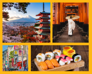Fotocollage zu Japan: der Fuji hinter blühenden Kirschbäumen, eine Person im Kimono im Torii-Gang von Fushimi Inari, eine belebte Einkaufsstraße und eine Auswahl an frischem Sushi