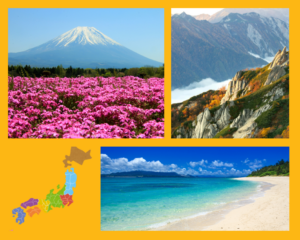 Ein Shibazakura-Blütenfeld, die japanischen Alpen im Herbst, eine Regionenkarte Japans und ein türkisfarbener Strand auf Okinawa