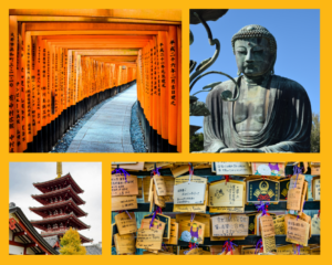 Der Torii-Tunnel von Fushimi Inari, die große Buddha-Statue von Kamakura, eine Pagode und beschriebene Ema-Holztäfelchen an einem japanischen Schrein