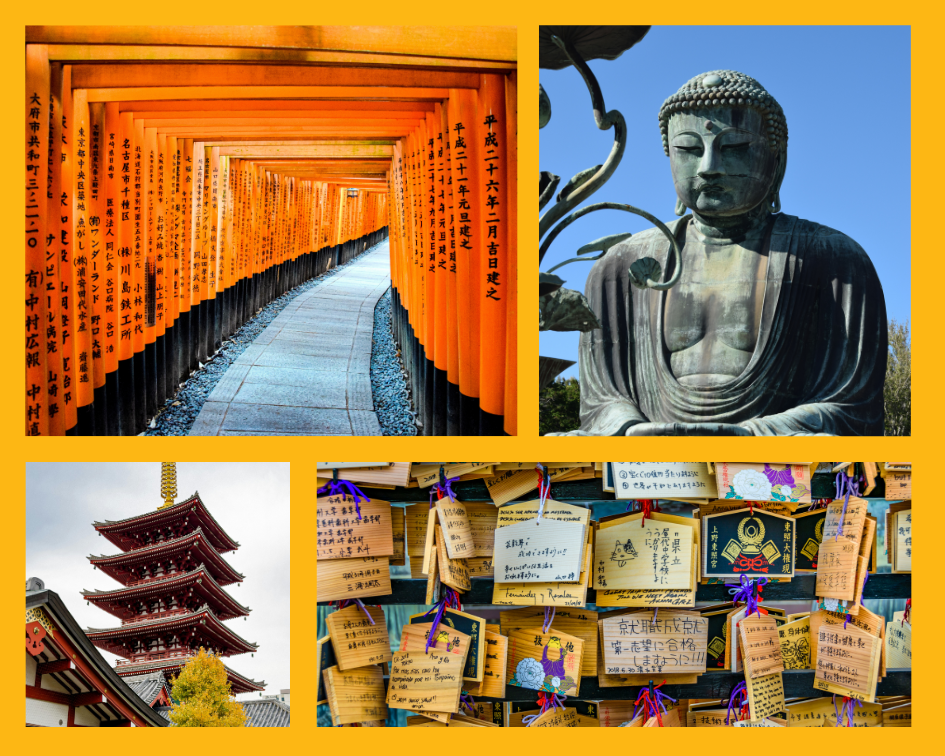 Der Torii-Tunnel von Fushimi Inari, die große Buddha-Statue von Kamakura, eine Pagode und beschriebene Ema-Holztäfelchen an einem japanischen Schrein