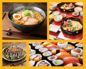 Eine Schüssel Ramen, ein mehrgängiges Kaiseki-Gericht, Okonomiyaki-Pfannkuchen und eine Auswahl an frischem Sushi