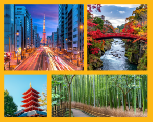 Eine belebte Straße in Tokio bei Nacht, die rote Shinkyo-Brücke in Nikko, eine Pagode und ein Bambuswald in der Kanto-Region