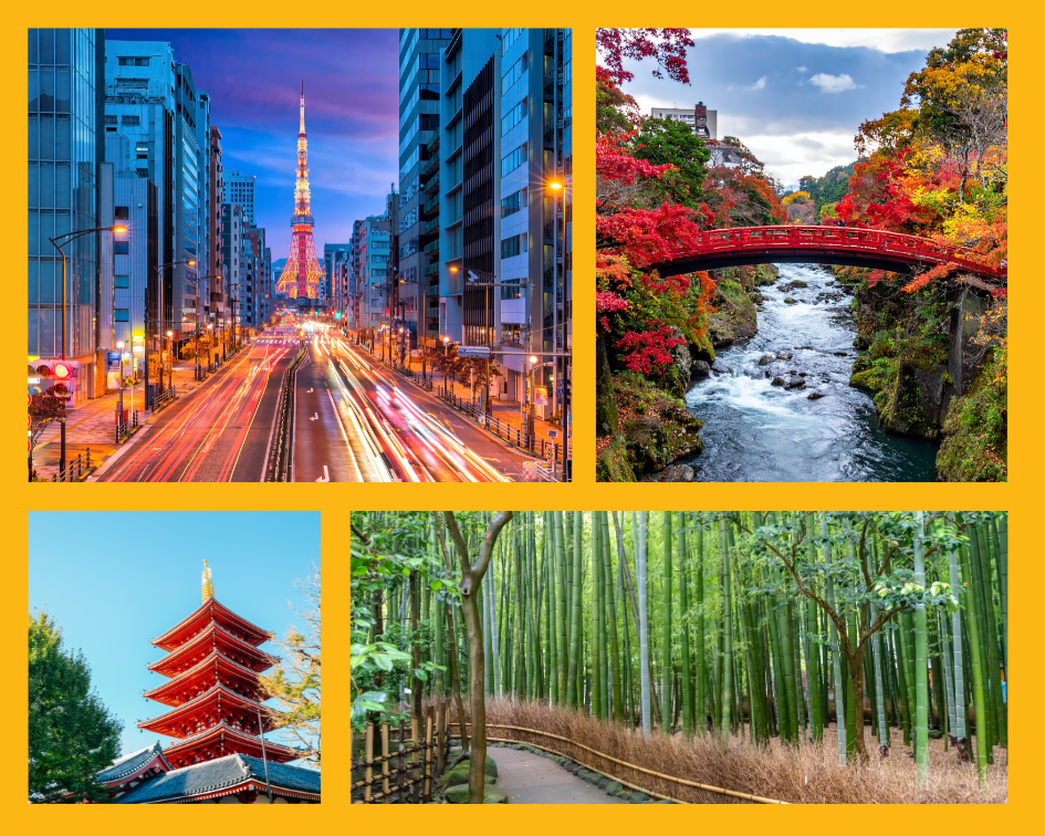 Eine belebte Straße in Tokio bei Nacht, die rote Shinkyo-Brücke in Nikko, der Asakusa Sensoji Tempel und ein Bambuswald in der Kanto-Region