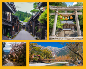 Eine historische Straße in Takayama, ein Torii vor einem Bergschrein, ein herbstlicher Wanderweg und die Berglandschaft von Kamikochi mit Fluss und Brücke