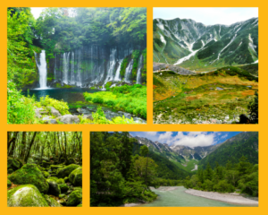 Ein Wasserfall im Wald, ein schroffer Bergkamm, ein moosbewachsener Urwald und ein Flusstal in einem japanischen Nationalpark