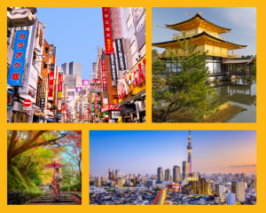 Eine mit Leuchtreklamen beleuchtete Straße, der goldene Pavillon Kinkaku-ji, eine Frau im Kimono unter einem Herbstbaum und die Skyline von Tokio mit dem Tokyo Skytree