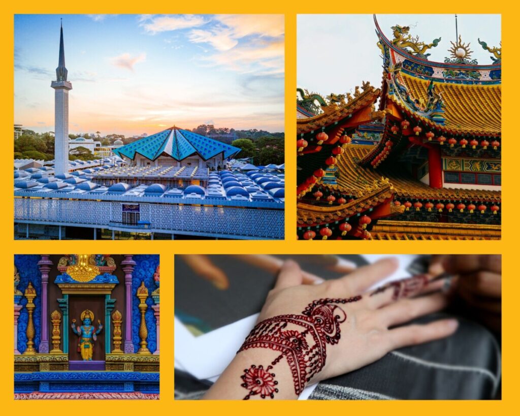 Verschiedene Kulturen in einer Stadt vereint: Kuala Lumpur National Mosque, Thean Hou Temple, farbenprächtiger Hindutempel und Hennamalerei auf einer Hand