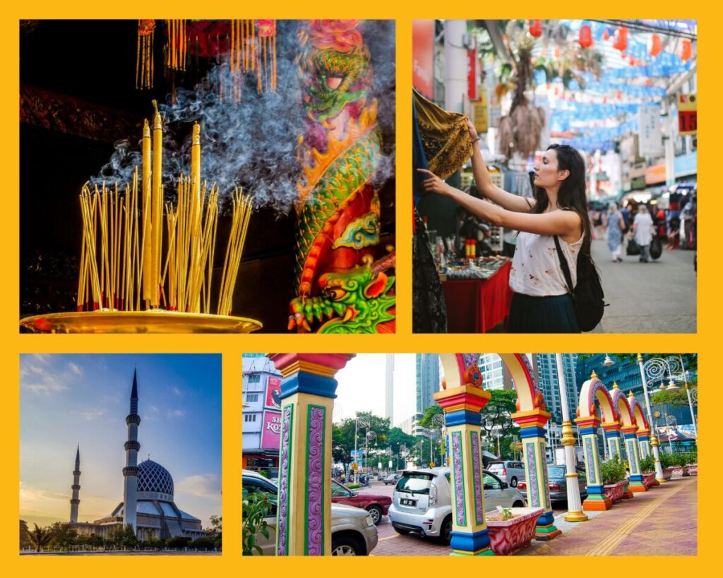 Räucherstäbchen, Frau an einem Textilienstand, Sultan Mosque und Straßenbild in Little India