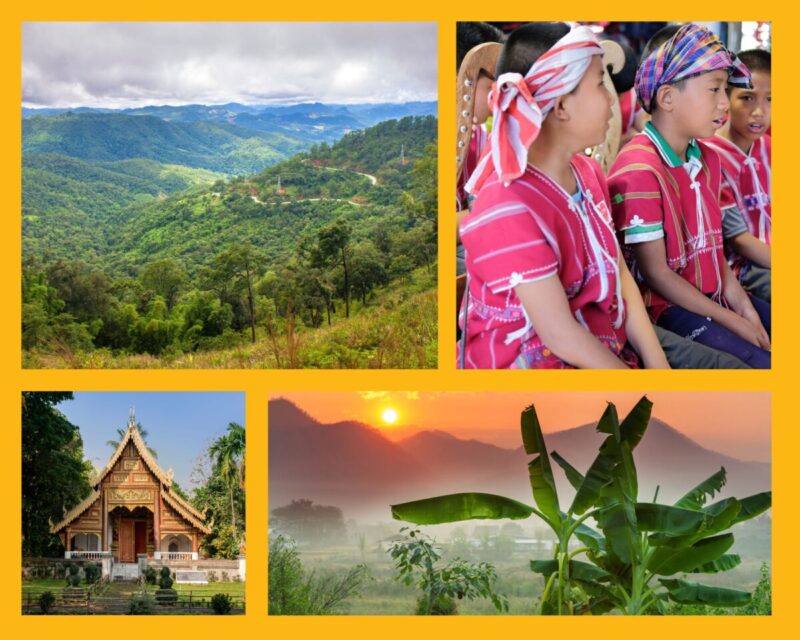 Eindrücke in Nordthailand: bergige Landschaft, Bergdörfer und Tempel