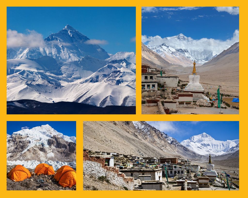 Der höchste Berg der Welt: Mount Everest, Rongbuk-Kloster (oben rechts und unten rechts) und Basislager Mount Everest