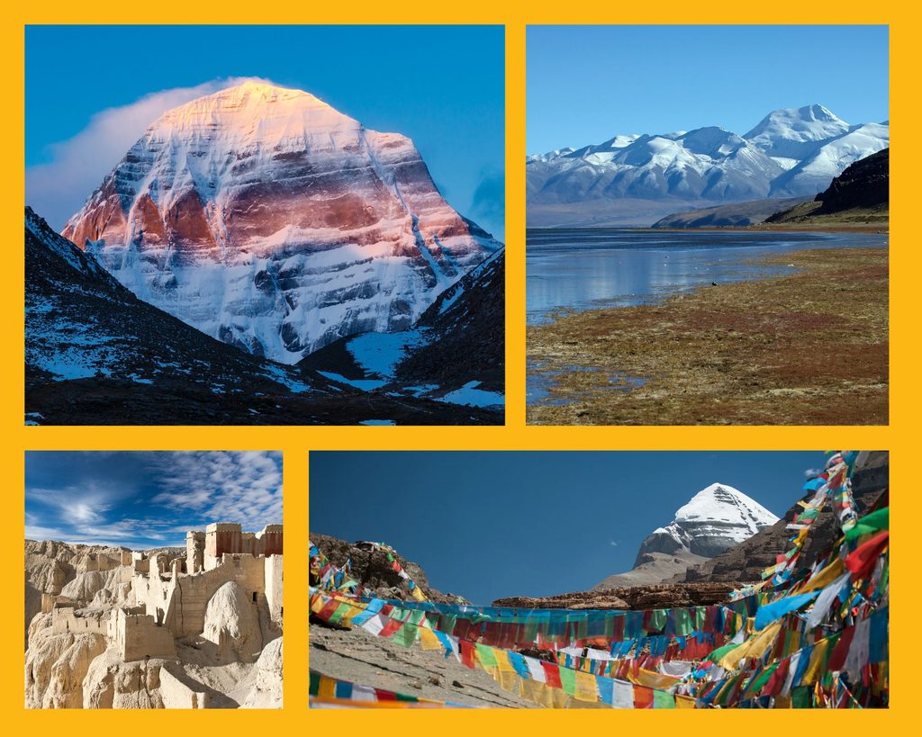 Westtibet: Mount Kailash (oben links und unten rechts), Manasarovar-See und Königreichs Guge