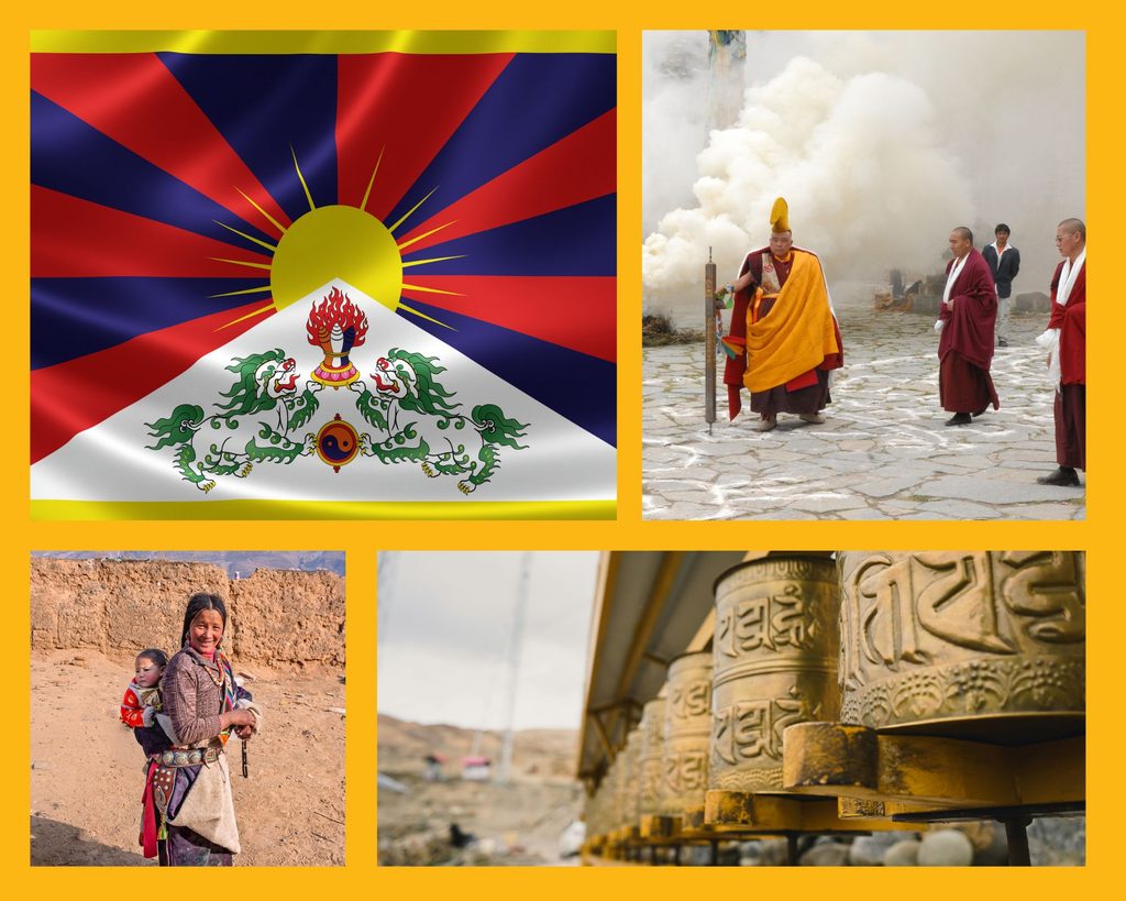 Unterwegs in Tibet: tibetische Flagge, Mönche, eine tibetische Frau mit Kind und Gebetsmühen