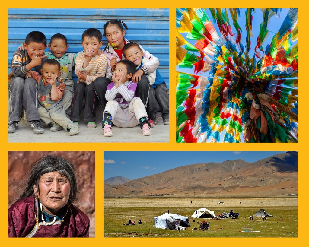 Eindrücke aus Tibet: tibetische Kinder, Gebetsfahnen, eine Tibeterin und Nomaden im Hochland
